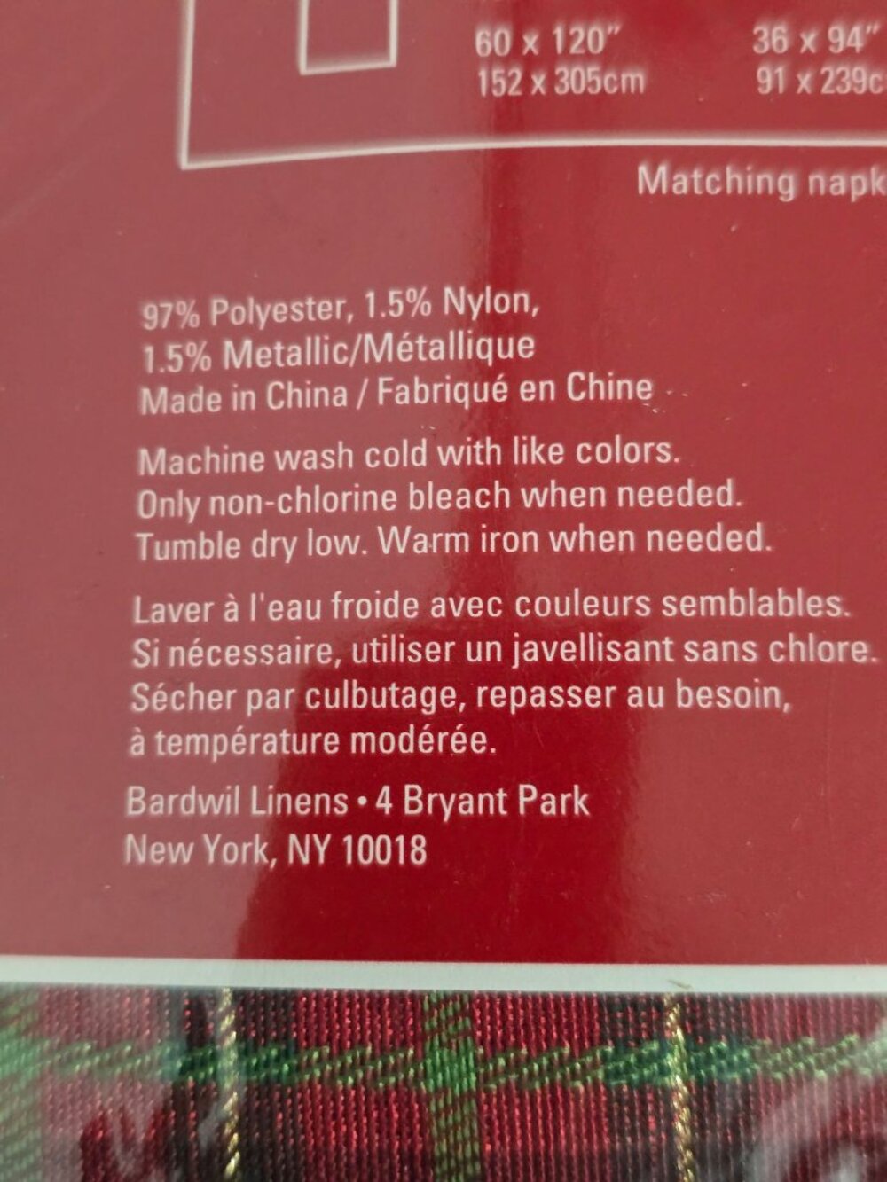 NWT Lenox Holiday Nouveau Joyful Tablecloth 60" X 84" Rectangle Red Green Plaid - Picture 5 of 7